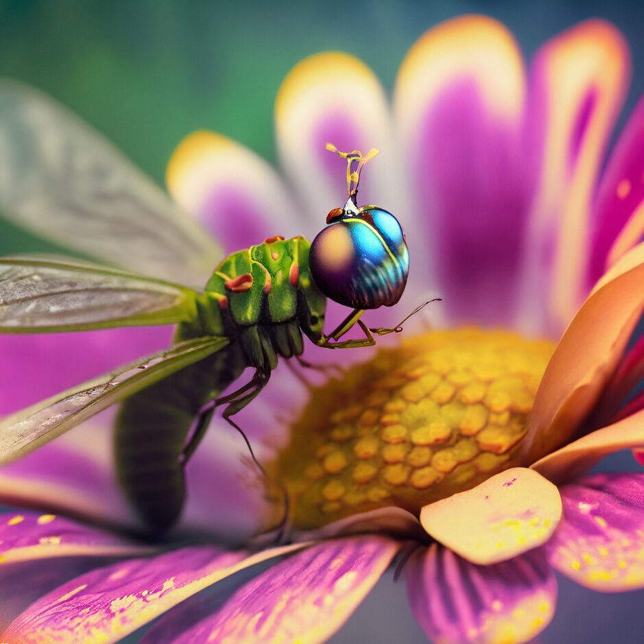 Firefly macro photography. a long photography lens is very close to a flower. on the flower there is